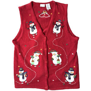 Vintage Women’s Red Christmas Sweater Vest Size XL Snowman Festive Holiday Ugly